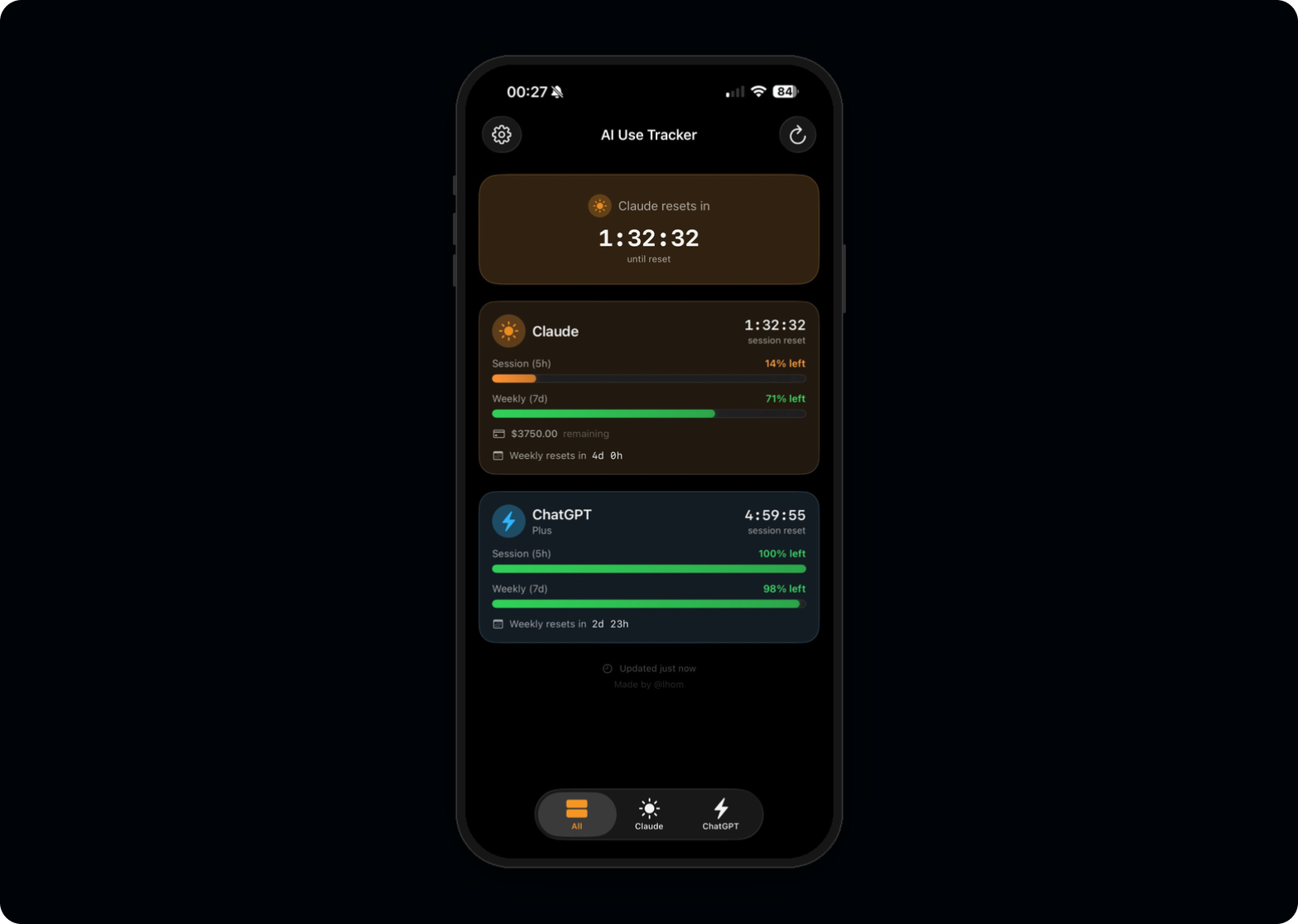 AI Use Tracker full app view in dark mode showing Claude and ChatGPT usage cards, countdown timers, usage bars, and tab navigation